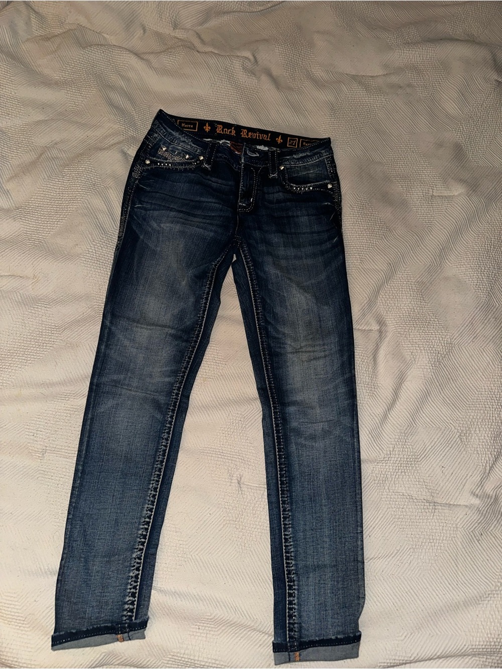 Rock Revival Dark Blue Skinny Jeans with Studded Pockets